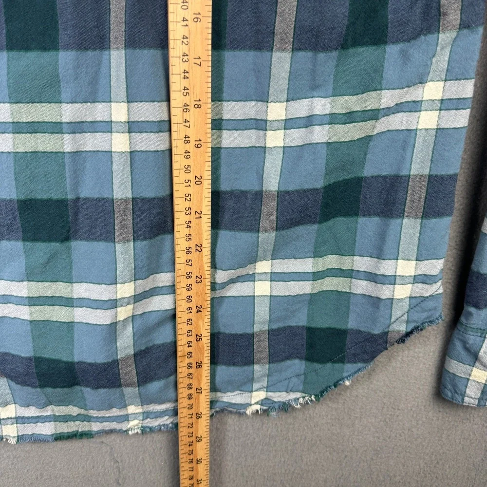 Free People One of the Guys Plaid Shirt Blue Green Frayed Hem Oversized S P